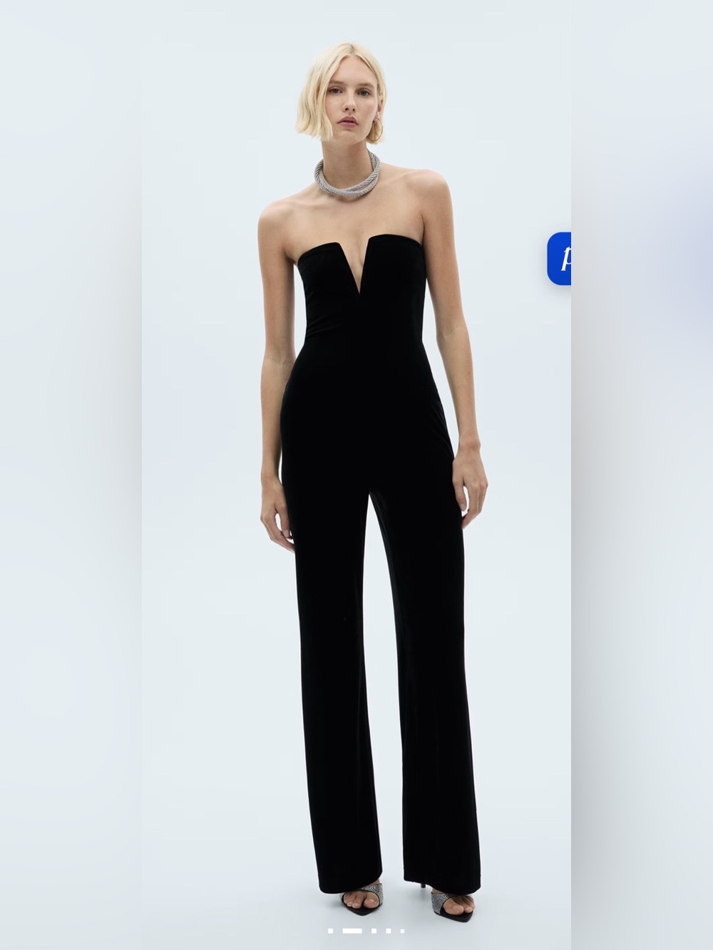 Mango Black Strapless Velvet Jumpsuit with Plunge V-Neck
